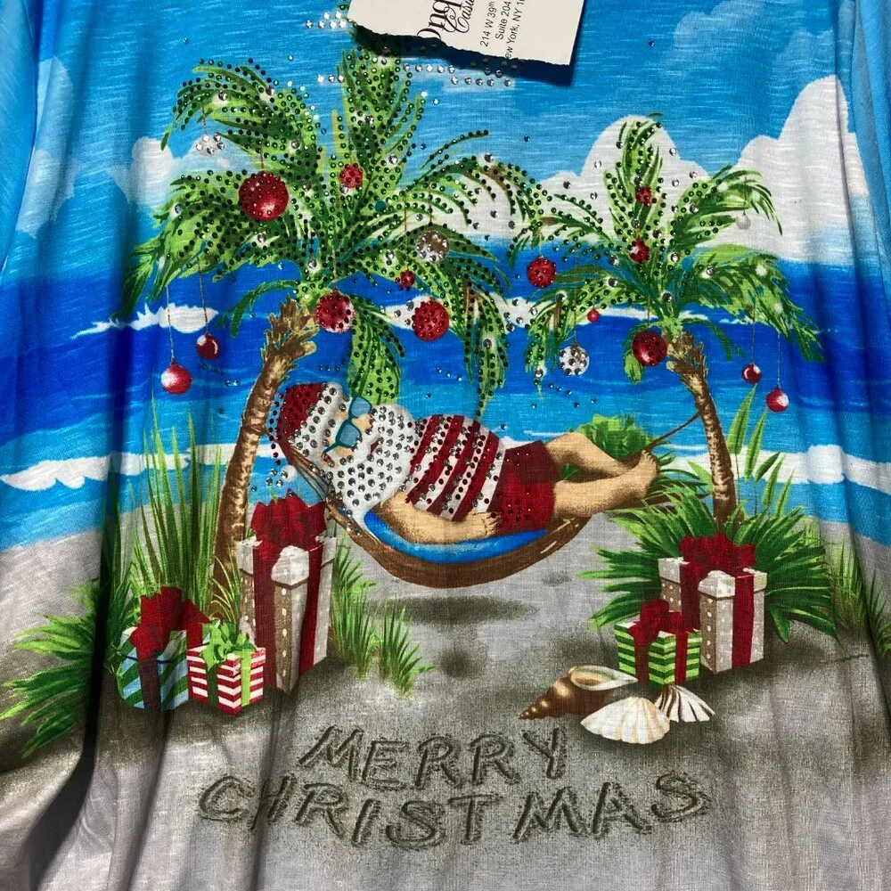 New Onque Casuals Top 1X Colorful Embellished Holiday Fun Print Stretch Vacation